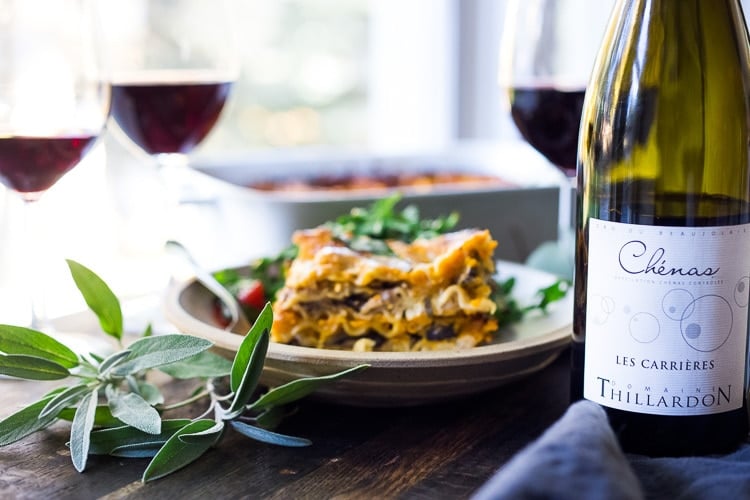 Butternut Lasagna with Wild Mushrooms and Sage- a delicious vegetarian or vegan main dish, perfect for the holiday table! Can be made ahead! #butternutlasagna #veganlasagna #veganthanksgiving #veganmaindish #vegetarianmaindish #mushroomlasaga #veganchristmas #vegandinner #plantbased #cleaneating