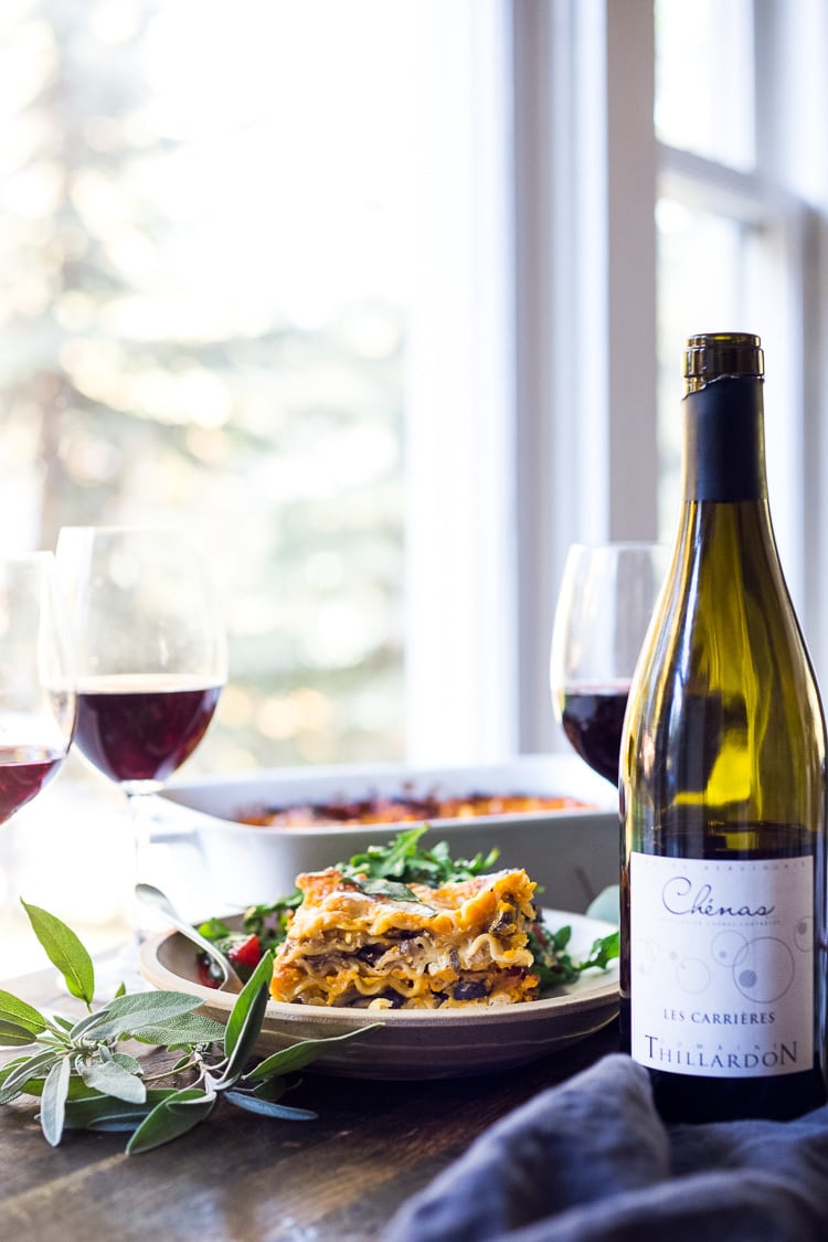 Butternut Lasagna with Wild Mushrooms and Sage- a delicious vegetarian or vegan main dish, perfect for the holiday table! Can be made ahead! #butternutlasagna #veganlasagna #veganthanksgiving #veganmaindish #vegetarianmaindish #mushroomlasaga #veganchristmas #vegandinner #plantbased #cleaneating