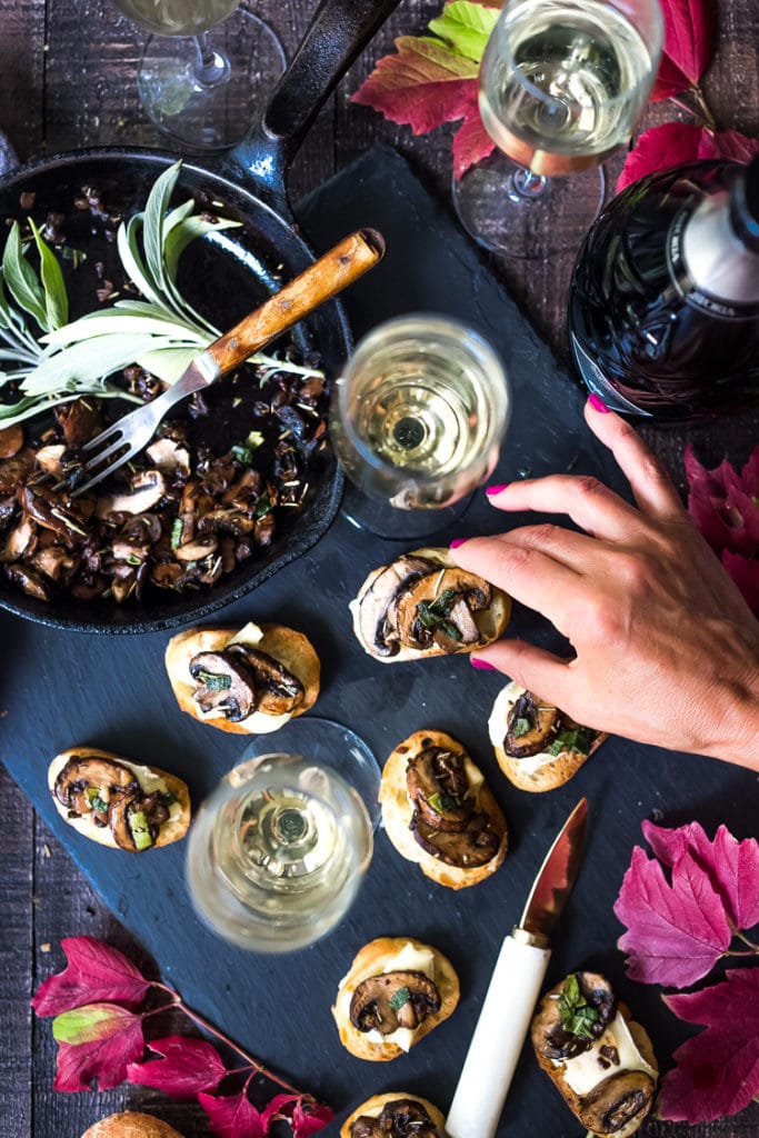 Best Valentine's Dinner Ideas: Mushroom Bruschetta with Triple Cream Brie, Sage and Truffle Oil.