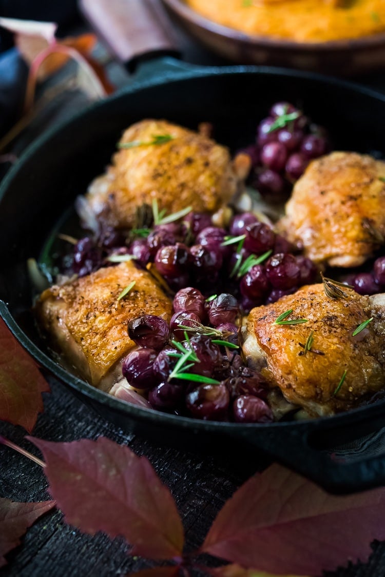 Pan-roasted Chicken with Grapes and Shallots, served over Whipped Ginger Sweet Potatoes - a simple, easy, fall-inspired skillet dinner that can be made in 30 minutes! 