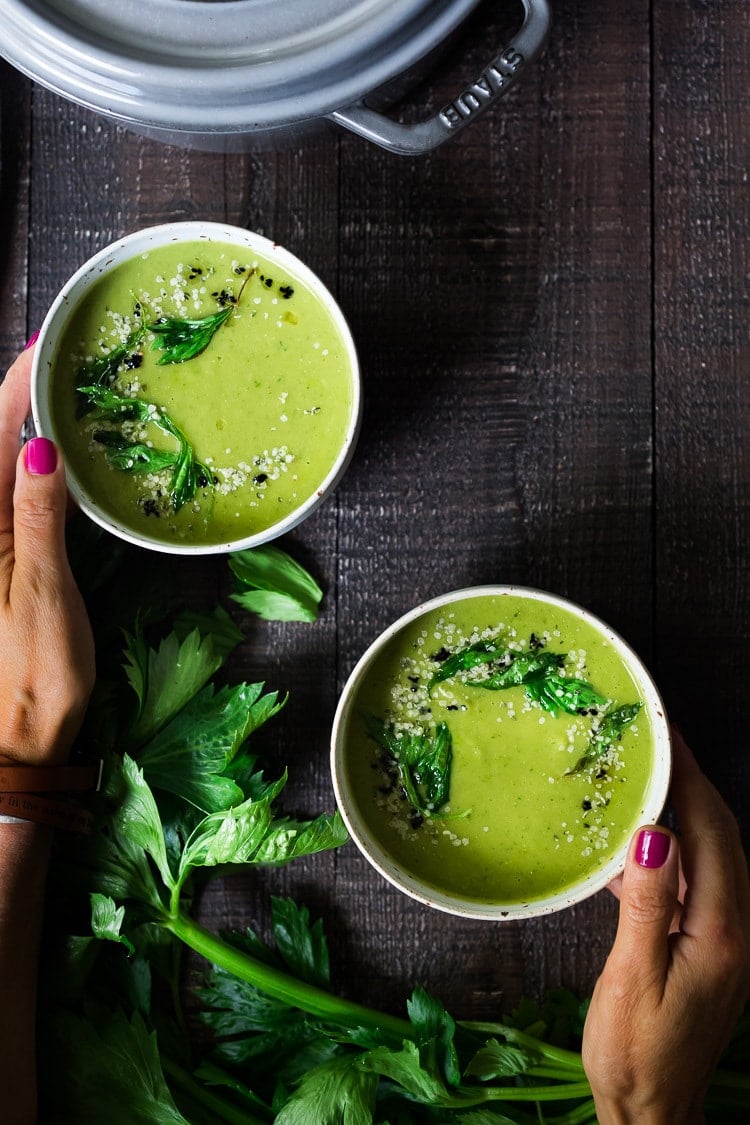 20 vegetarian soup recipes! A healing bowl of Celery Soup- comforting, affordable and flavorful, that can be made in  35 minutes. Healthy, delicious and vegan adaptable! #celerysoup #celerysoup #vegan #vegansoup #healthysoup
