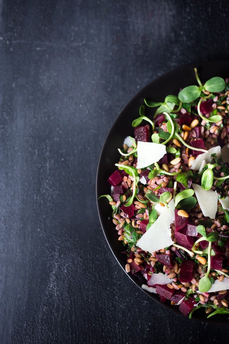 Beet and Farro Salad | A simple fall-inspired recipe for Farro Salad with Beets and their tops!  This healthy, vegan adaptable salad can be made ahead for midweek meals and can be served warm or chilled. #beetsalad #fallsalad #vegansalad #farrosalad #farro #beets