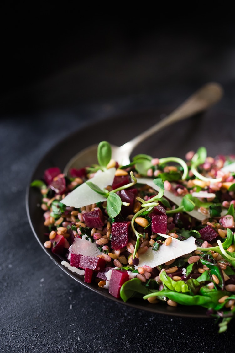 Beet and Farro Salad | A simple fall-inspired recipe for Farro Salad with Beets and their tops!  This healthy, vegan adaptable salad can be made ahead for midweek meals and can be served warm or chilled. #beetsalad #fallsalad #vegansalad #farrosalad #farro #beets