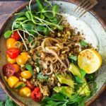 Instant Pot Mujadara - a comforting, healthy vegetarian meal of lentils and rice, with fragrant Moroccan spices, served with caramelized shallots, fresh veggies, pine nuts and optional yogurt. Gluten-free and Vegan adaptable.