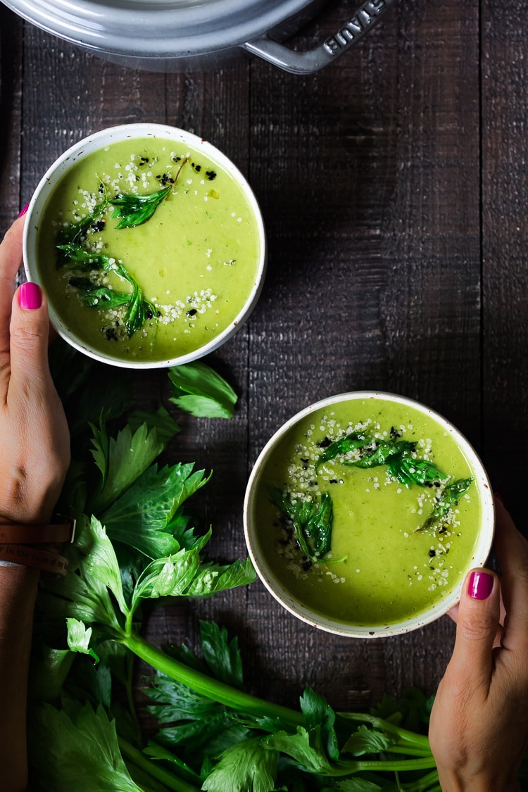 A healing bowl of Celery Soup- comforting, affordable and flavorful, that can be made in 35 minutes. Healthy, delicious and vegan adaptable! #celerysoup #celerysoup #vegan #vegansoup #healthysoup