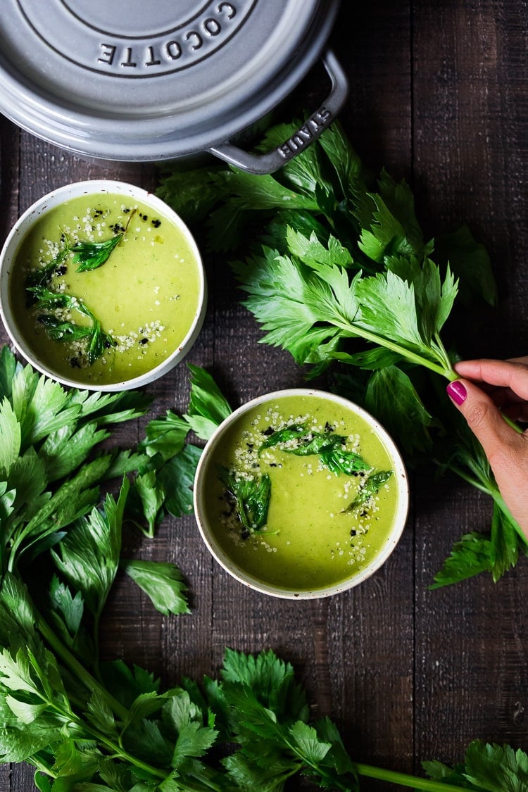 A healing bowl of Celery Soup- comforting, affordable and flavorful, that can be made in  35 minutes. Healthy, delicious and vegan adaptable! #celerysoup #celerysoup #vegan #vegansoup #healthysoup