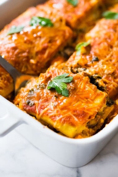 Vegetarian Polenta lasagna in a baking dish