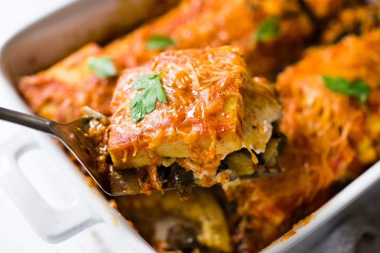  Polenta Lasagna with layers of firm polenta, a savory spinach mushroom filling.