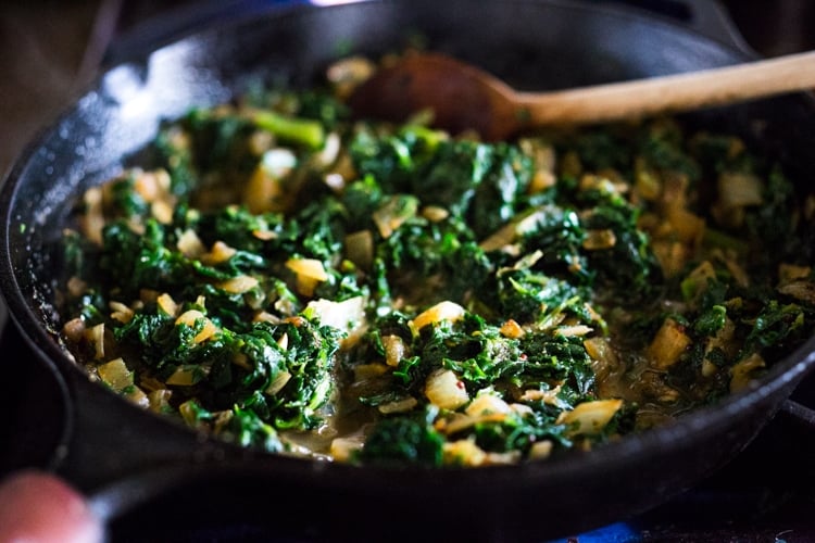 sautéing onion, ginger garlic and spinach 