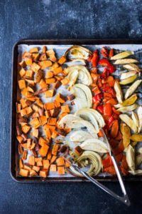 The secret to making Simple Roasted Veggies in the oven that come out perfect every time. Easy, healthy, delicious! Vegan and Gluten-free. #roastedveggies #roastedvegetables #bakedvegetables #vegan #healthy #veganside #glutenfree #feastingathome #sheetpanvegetables