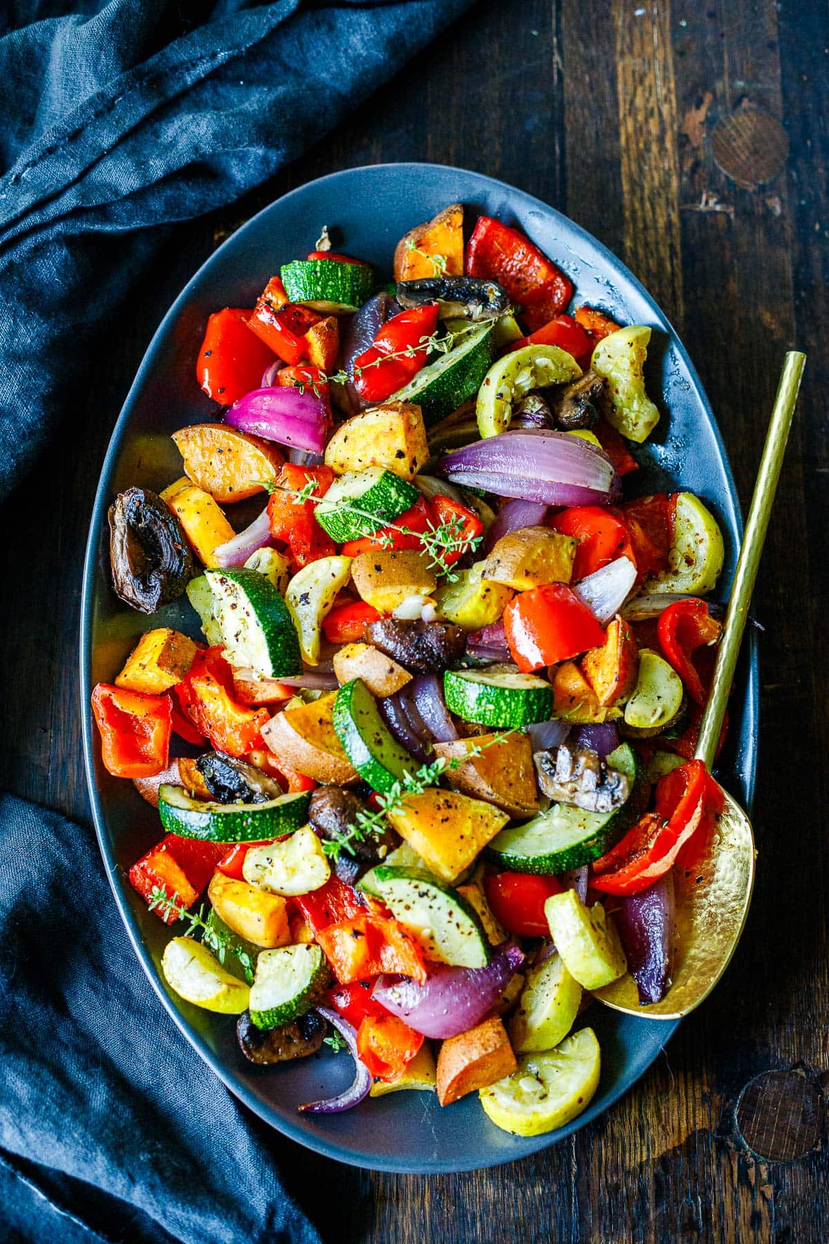 Roasted vegetables on a plater. 