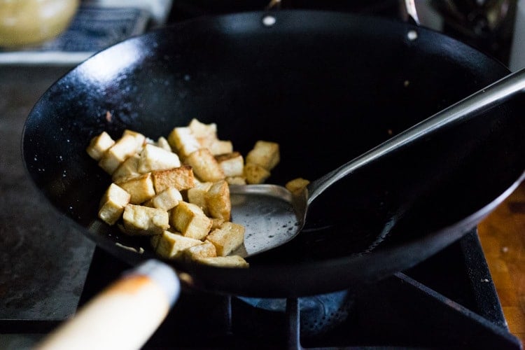 Frying tofu for Singapore noodles