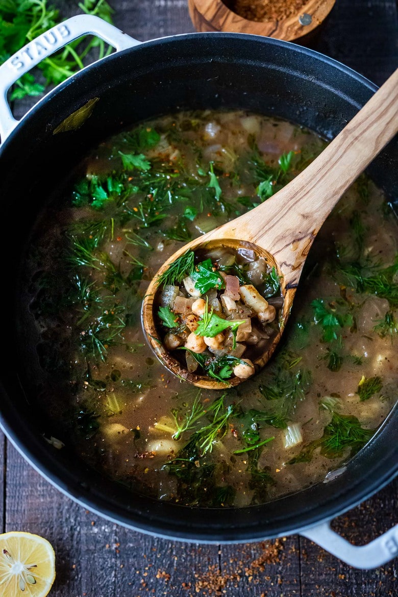 Brothy Chickpea Soup with Lemon, Fennel & Sumac. A healthy vegan soup, full of flavor! #vegansoup #chickpeasoup #chickpeastew #veganrecipes #plantbased #garbanzobeans