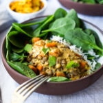 This Creamy Coconut Lentil Curry can be made in an Instant Pot or on the stove top. Infused with fragrant Indian spices, this recipe is not only delicious, it is is vegan and gluten free! #currylentils #indianlentils #lentilcurry #veganlentilcurry #instantpot #vegan #vegancurry #veganlentils #eatclean #cleaneating #plantbased