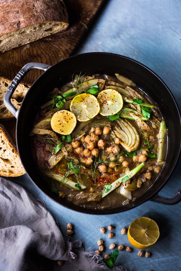 Lemony Chickpea Soup with Fennel, served over warm quinoa with flavorful Zhoug. A healthy vegan Middle Eastern-inspired soup, full of flavor! #vegansoup #chickpeasoup #chickpeastew #veganrecipes #plantbased #cleaneating #eatclean #detoxsoup