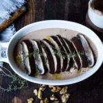 Roasted Portobello Mushrooms with Walnut Coffee Sauce- a vegan main, like "steaks and gravy", quick, easy and flavorful! #vegan #plantbased #cleaneating #portobellos #walnutsauce #californiawalnuts #walnuts