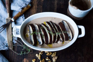 Roasted Portobello Mushrooms with Walnut Coffee Sauce- a vegan main, like "steaks and gravy", quick, easy and flavorful! #vegan #plantbased #cleaneating #portobellos #walnutsauce #californiawalnuts #walnuts