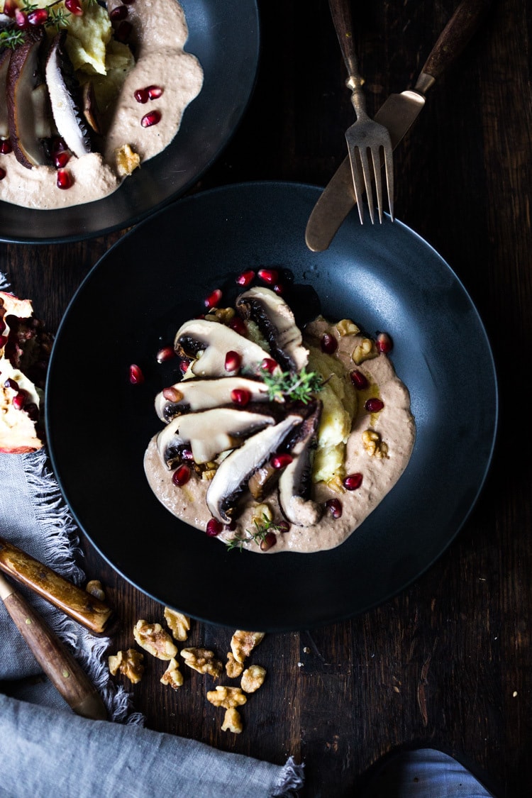 Roasted Portobello Mushrooms with Walnut Coffee Sauce- a vegan main, like "steaks and gravy", quick, easy and flavorful! #vegan #plantbased #cleaneating #portobellos #walnutsauce #californiawalnuts #walnuts