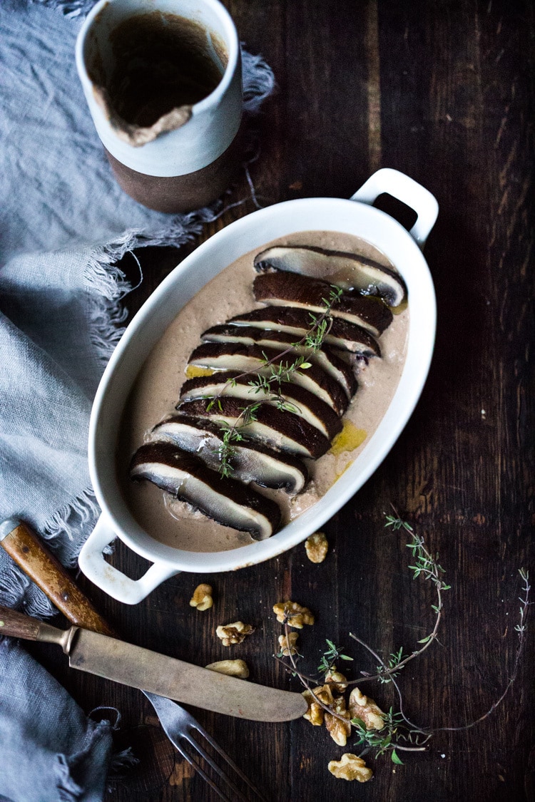 Roasted Portobello Mushrooms with Walnut Coffee Sauce- a vegan main, like "steaks and gravy", quick, easy and flavorful! #vegan #plantbased #cleaneating #portobellos #walnutsauce #californiawalnuts #walnuts