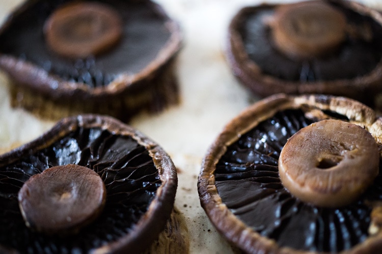 Roasted Portobello Mushrooms with Walnut Coffee Sauce- a vegan main, like "steaks and gravy", quick, easy and flavorful! #vegan #plantbased #cleaneating #portobellos #walnutsauce #californiawalnuts #walnuts