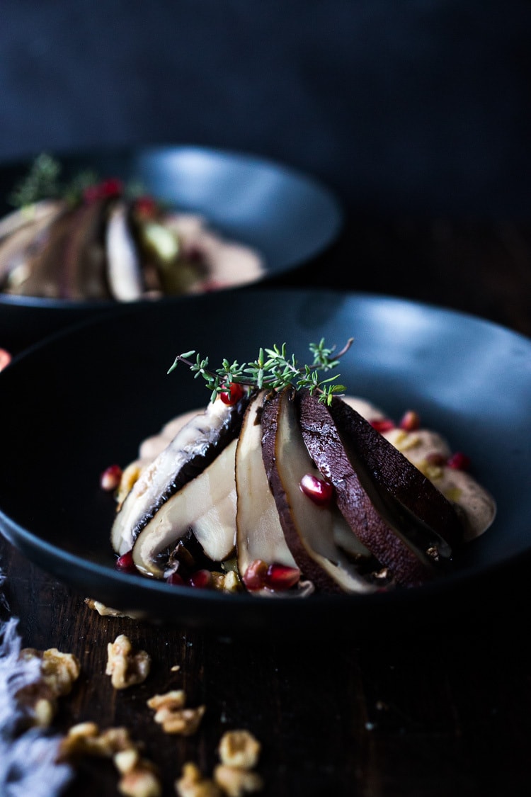 Roasted Portobello Mushrooms with Walnut Coffee Sauce- a vegan main, like "steaks and gravy", quick, easy and flavorful! #vegan #plantbased #cleaneating #portobellos #walnutsauce #californiawalnuts #walnuts