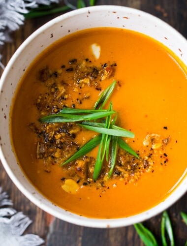 Our 20-minute Tomato Ginger Soup is creamy, vegan and delicious! Made with coconut milk, it's quick and easy tomato soup recipe made with simple ingredients.