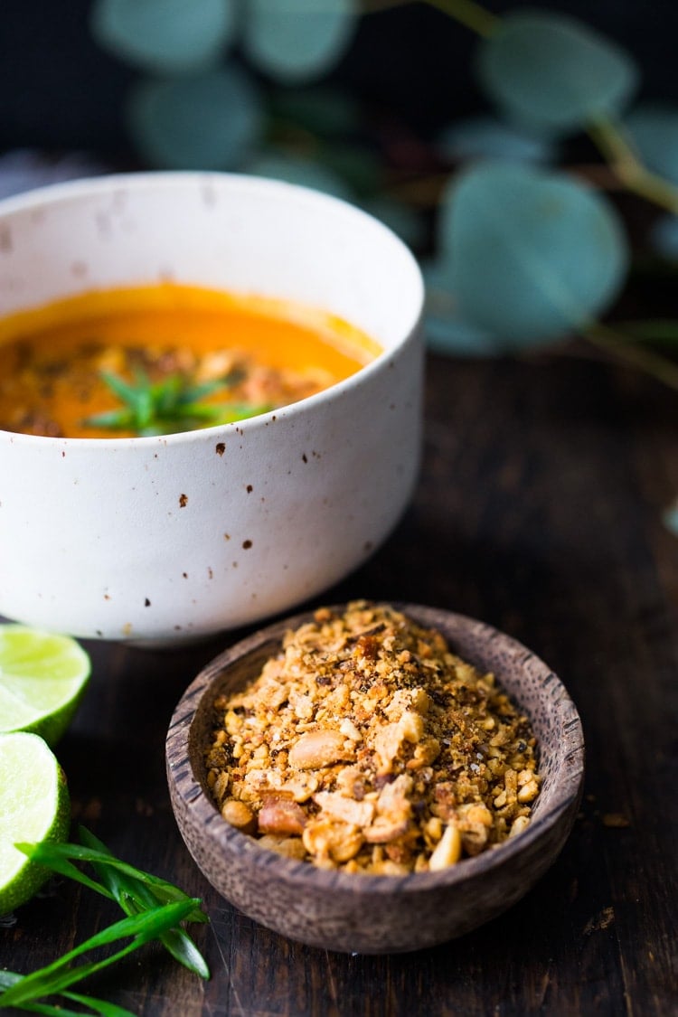 Peanut Chili Crunch! And a 15 Minute Tomato Soup with Coconut and Ginger- a quick vegan tomato soup made with simple pantry ingredients. #vegansoup #tomatosoup #cleaneating #eatclean #veganrecipes #heatlhytomatosoup #quickrecipes #coconutsoup #plantbased #detox 