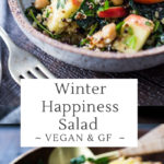 Winter Happiness Salad! | Kale Quinoa Salad with Apples, Chickpeas and Currants! A hearty vegan salad that can be made ahead- perfect for potlucks, gatherings or midweek lunches! #kalesalad #vegansalad #quinoasalad #chickpeasalad #healthysalad #potluck