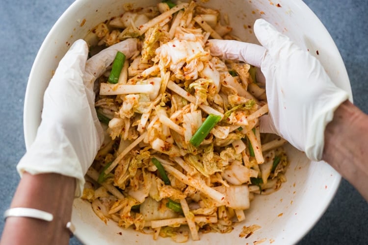 Mixing the cabbage with the kimchi paste, scallions and daikon, massaging the cabbage with gloved hands.