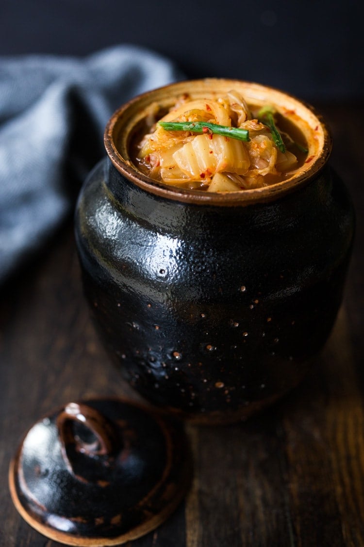 Fermented Cabbage Kimchi in a crock.