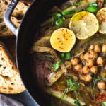 Lemony Chickpea Soup with Fennel & Sumac served over warm quinoa with flavorful Zhoug Sauce. A healthy vegan soup, full of flavor! #vegansoup #chickpeasoup #chickpeastew #veganrecipes #plantbased #cleaneating #eatclean #detoxsoup #lemonychickpea soup