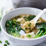 15 Minute Wonton Soup with Lemon Ginger Broth-loaded up with healthy vibrant greens - a fast and easy weeknight diner! #wontonsoup #broth #brothbased #brothysoup