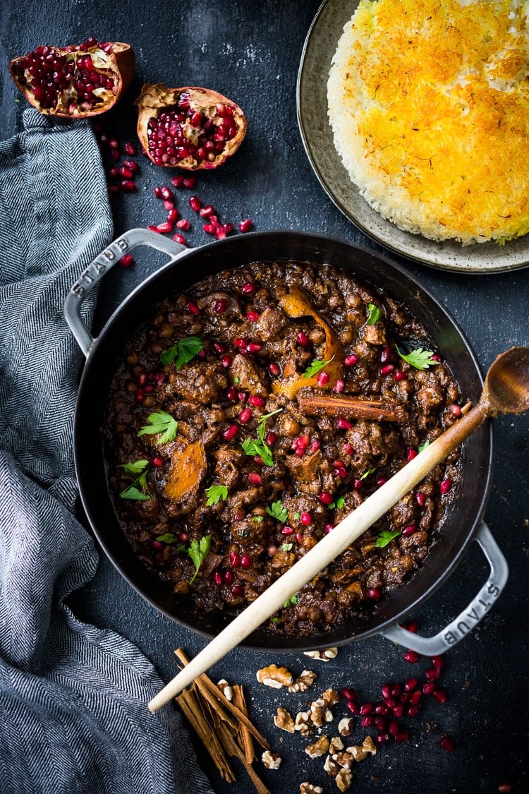 30 COMFORT FOOD RECIPES FOR FALL |A delicious recipe for Fesenjan, a Persian Walnut Pomegranate Stew with chicken and chickpeas. 