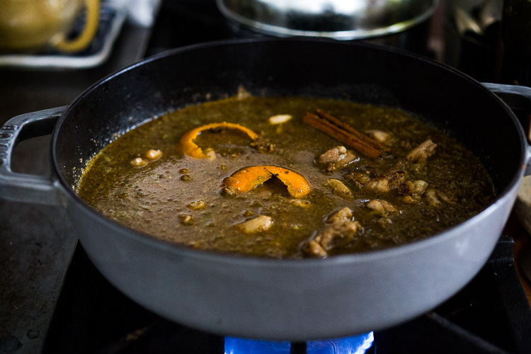 A delicious recipe for Fesenjan, a Persian Walnut Pomegranate Stew with chicken and chickpeas. Earthy, rich and tangy, this is bursting with Middle Eastern Flavor! #persianstew #fesenjan #persianrecipes #persiancchicken #middleeastern #chicken #chickpeastew