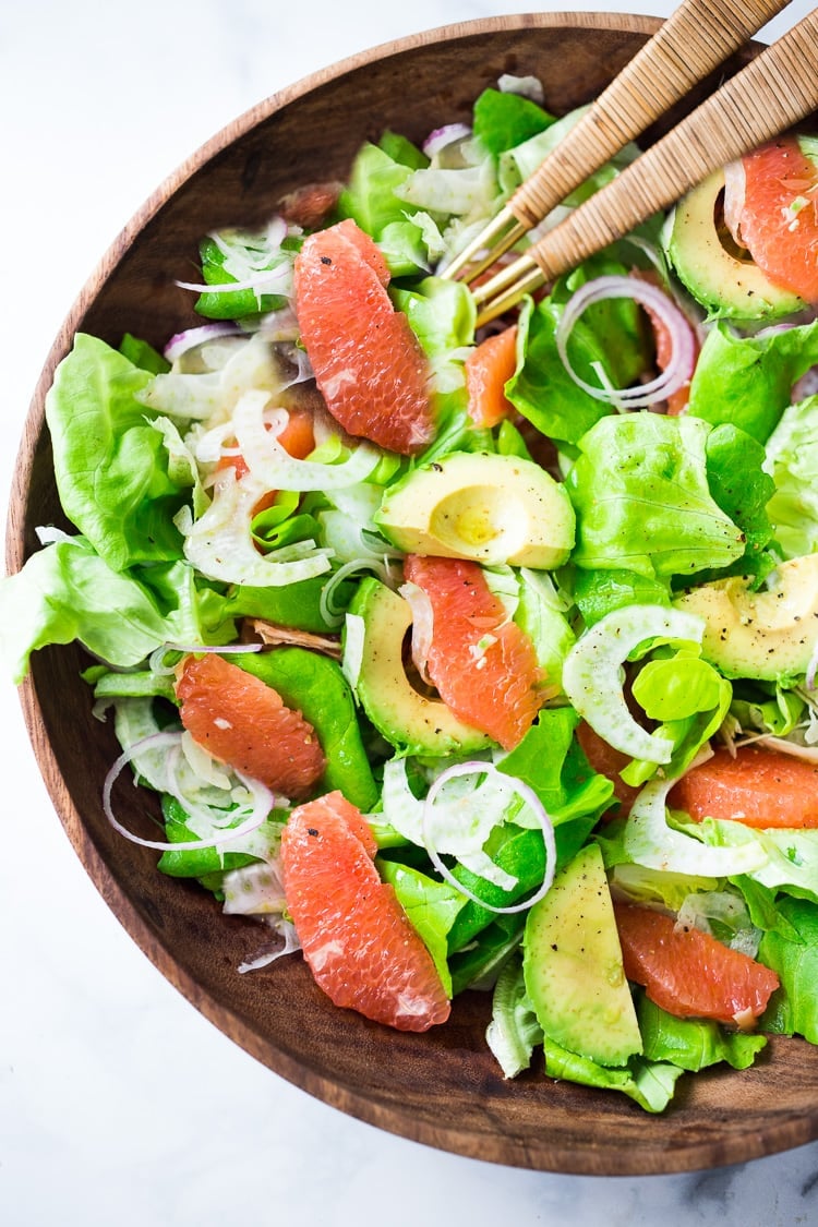 Grapefruit Fennel and Avocado Salad with Pistachios and a Citrus Shallot Dressing. A simple easy salad that is healthy, vegan and delicious! #grapefruitsalad #vegansalad #fennelsalad #avocadosalad #eatingclean #healthysalads