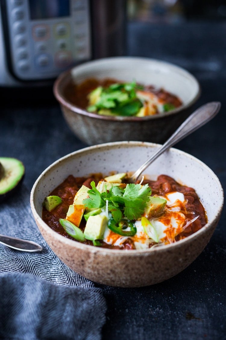 This hearty Instant Pot Chili recipe is made with dried beans and your choice of ground meat (beef, turkey or chicken) or try vegan soy crumbles! Vegan-adaptable! Serve it up with Our Favorite Homemade Cornbread. Video. 