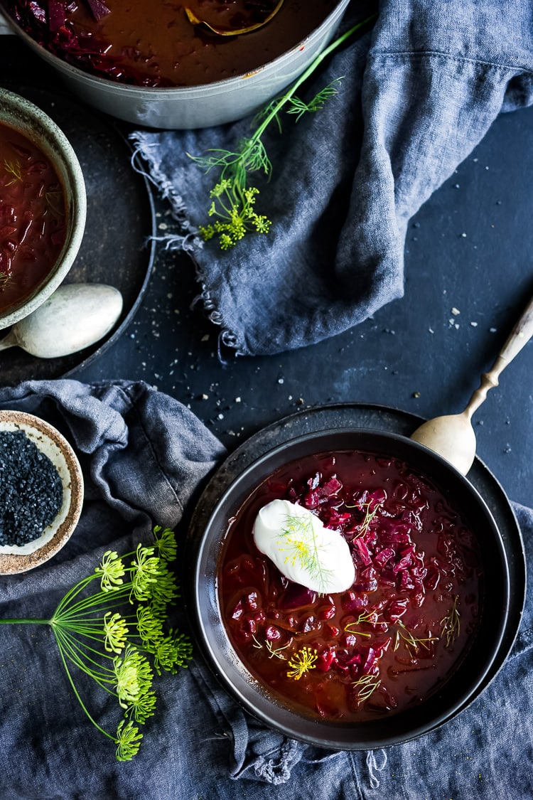 A simple delicious recipe for Borscht- a healthy, vegan, beet and cabbage soup that can be made in an Instant Pot or on the stove top. Warming and nourishing, Borscht is full of flavor and nutrients!  #borscht #beetborscht #beetsoup #cabbagesoup #vegansoup #beets #cleaneating #plantbased #eatclean #vegan #vegetarian #instantpot #instapot 