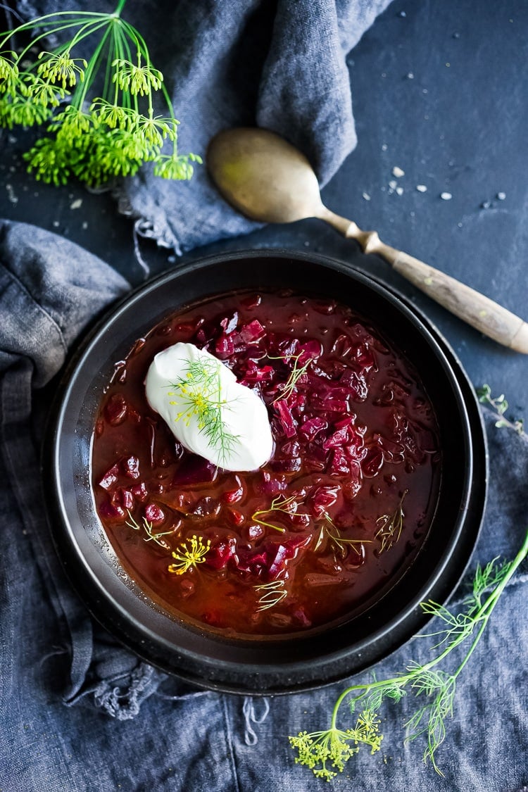 A simple delicious recipe for Borscht- a healthy, vegan, beet and cabbage soup that can be made in an Instant Pot or on the stove top. Warming and nourishing, Borscht is full of flavor and nutrients!  #borscht #beetborscht #beetsoup #cabbagesoup #vegansoup #beets #cleaneating #plantbased #eatclean #vegan #vegetarian #instantpot #instapot 