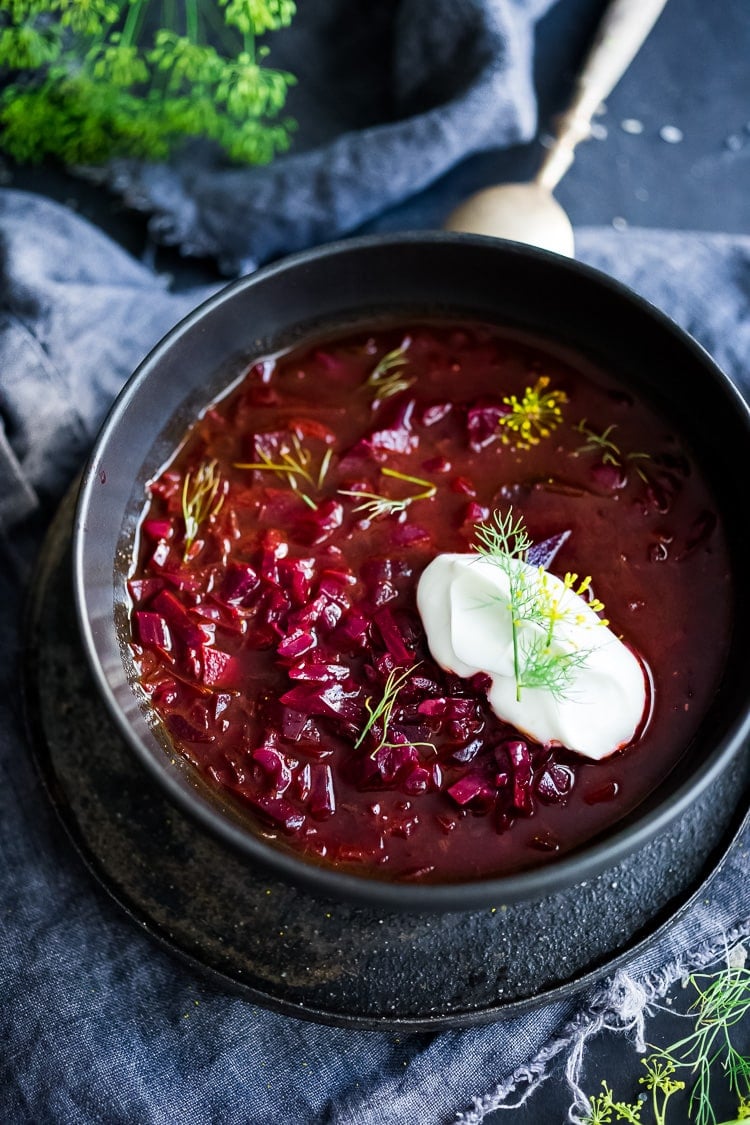 A simple delicious recipe for Borscht, a healthy, vegan beet and cabbage soup that can be made in an Instant Pot or on the stove top. Warming and nourishing, Borscht is full of flavor and nutrients! 