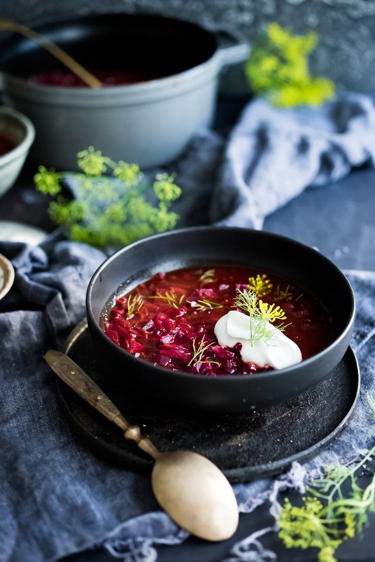 A simple delicious recipe for Borscht- a healthy, vegan, beet and cabbage soup that can be made in an Instant Pot or on the stove top. Warming and nourishing, Borscht is full of flavor and nutrients!  #borscht #beetborscht #beetsoup #cabbagesoup #vegansoup #beets #cleaneating #plantbased #eatclean #vegan #vegetarian #instantpot #instapot 