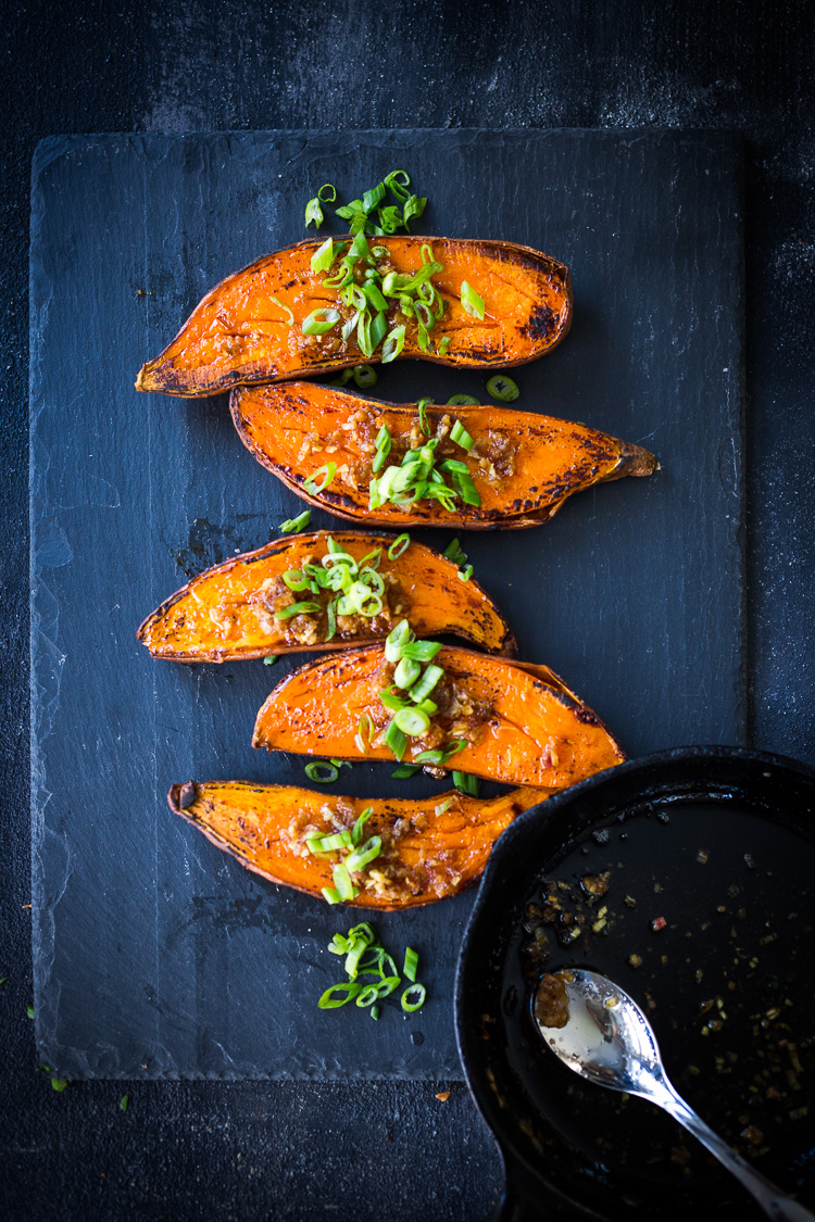 Kyoto Roasted Sweet Potatoes with Miso, Ginger and Scallions - an easy vegan side that is healthy and full of amazing flavor! #sweetpotatoes #yams #miso#roastedsweetpotatoes #vegan #cleaneating #plantbased #veganside 