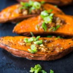 Kyoto Roasted Sweet Potatoes with Miso, Ginger and Scallions - an easy vegan side that is healthy and full of amazing flavor! #sweetpotatoes #yams #veganside #miso#roastedsweetpotatoes #vegan #cleaneating #plantbased #veganside