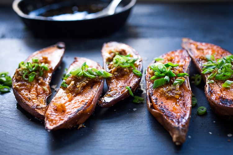 Kyoto Roasted Sweet Potatoes with Miso, Ginger and Scallions - an easy vegan side that is healthy and full of amazing flavor! #sweetpotatoes #yams #veganside #miso#roastedsweetpotatoes #vegan #cleaneating #plantbased #veganside 