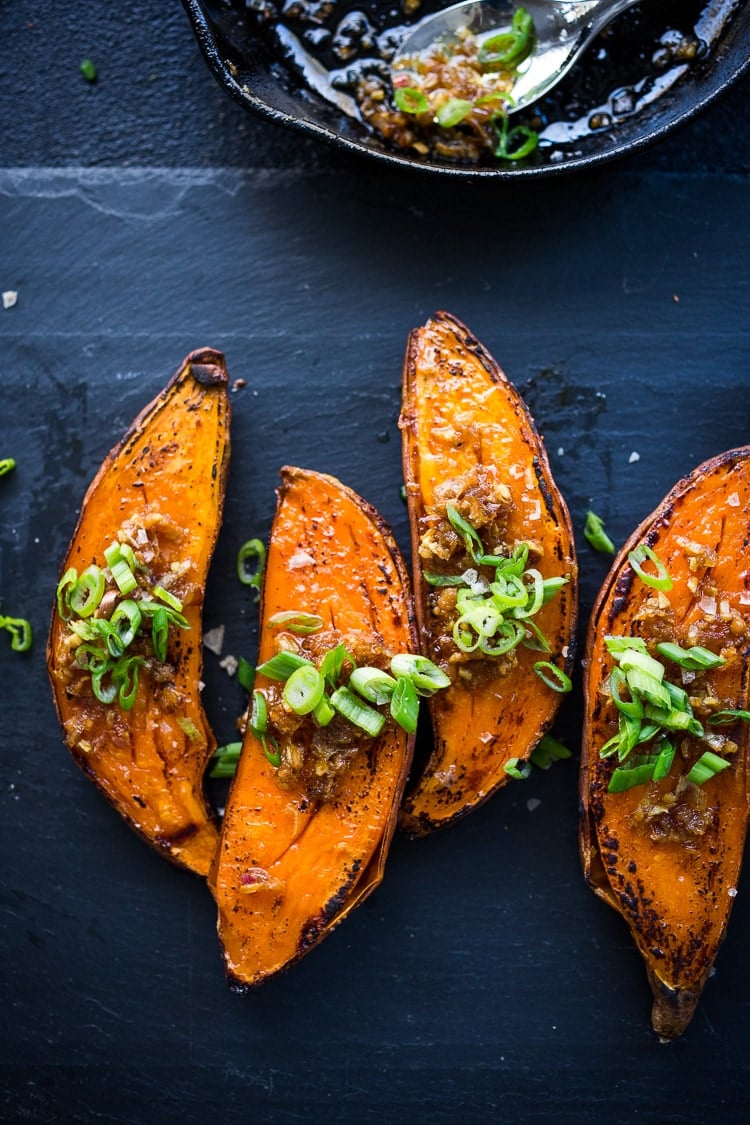 Kyoto Roasted Sweet Potatoes with Miso, Ginger and Scallions - an easy vegan side that is healthy and full of amazing flavor! #sweetpotatoes #yams #veganside #miso#roastedsweetpotatoes #vegan #cleaneating #plantbased #veganside 