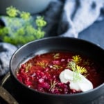 A simple delicious recipe for Borscht- a healthy, vegan, beet and cabbage soup that can be made in an Instant Pot or on the stove top. Warming and nourishing, Borscht is full of flavor and nutrients!  #borscht #beetborscht #beetsoup #cabbagesoup #vegansoup #beets #cleaneating #plantbased #eatclean #vegan #vegetarian #instantpot #instapot