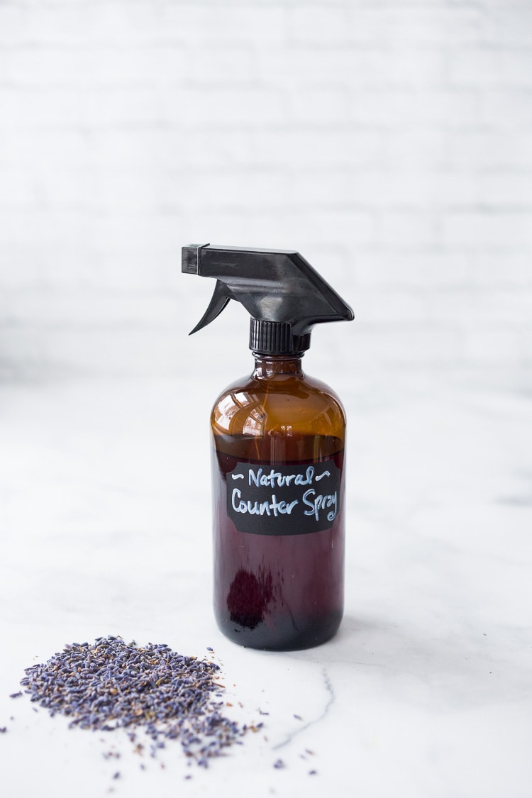 Homemade Kitchen Counter Spray made with lavender, thyme and grapefruit-infused vinegar. Easy and Simple! #counterspray #kitchencleaner #dyi #naturalcleaner #cleaner #homemadecleaner