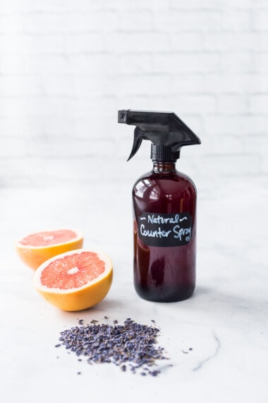 Homemade Kitchen Counter Spray made with lavender, thyme and grapefruit-infused vinegar. Easy and Simple! #counterspray #kitchencleaner #dyi #naturalcleaner #cleaner #homemadecleaner