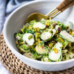 Lemony Brussel Sprout Salad with Creamy Tahini Sauce and Pistachios - a tasty, vegan salad that can be made ahead. Perfect for midweek lunches or potlucks or gatherings. #brusselsprouts #brusselsproutsalad #brusselsproutslaw #brusselsproutsrecipes #vegan #plantbased #cleaneating #eatclean #vegansalad