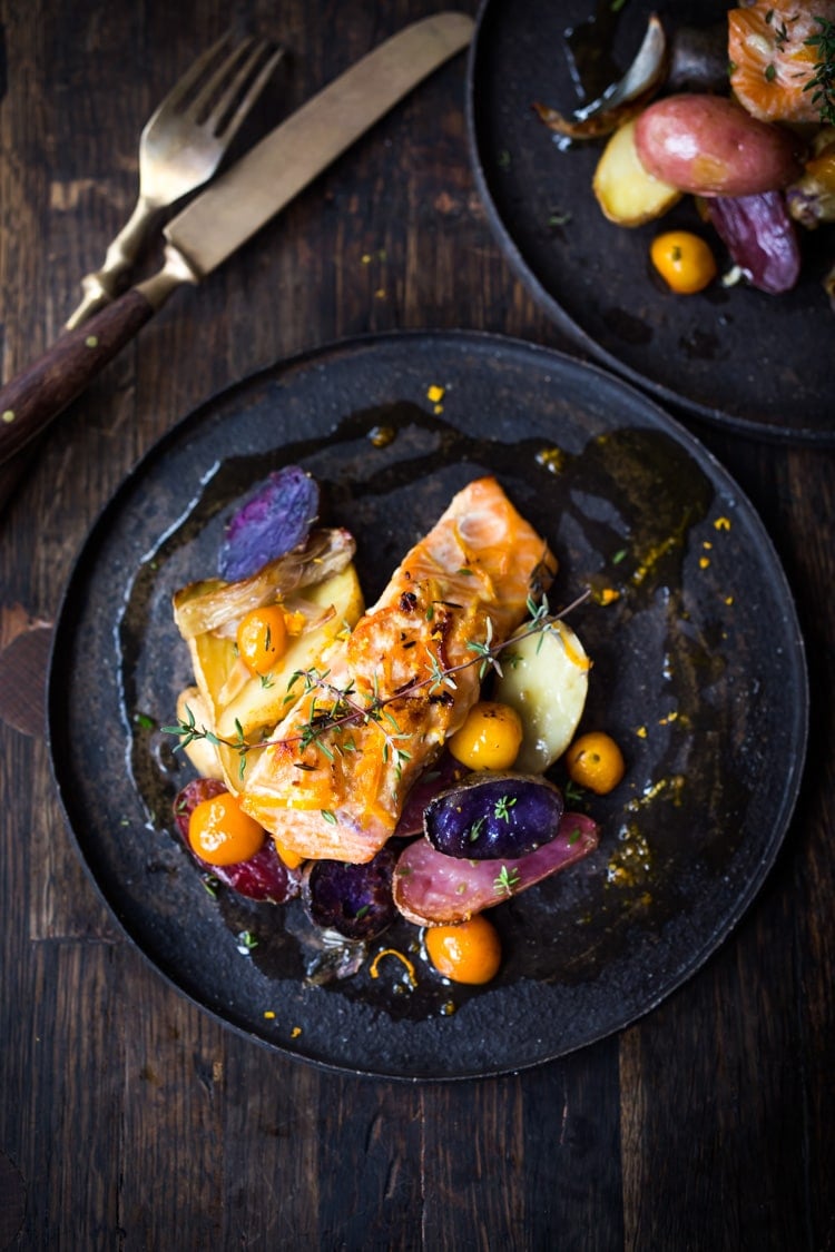 Citrus Baked Salmon with roasted fingerling potatoes in a flavorful citrus marinade. With only 15 minutes of hands-on time, this simple easy sheet-pan diner recipe is perfect for busy weeknights! Healthy and Light! Serve it up with the Everyday Kale Salad! 