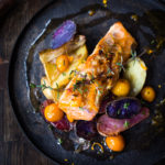 Citrus Baked Salmon with roasted fingerling potatoes in a flavorful citrus marinade. With only 15 minutes of hands-on time, this simple easy sheet-pan diner recipe is perfect for busy weeknights! Healthy and Light! Serve it up with the Everyday Kale Salad! 